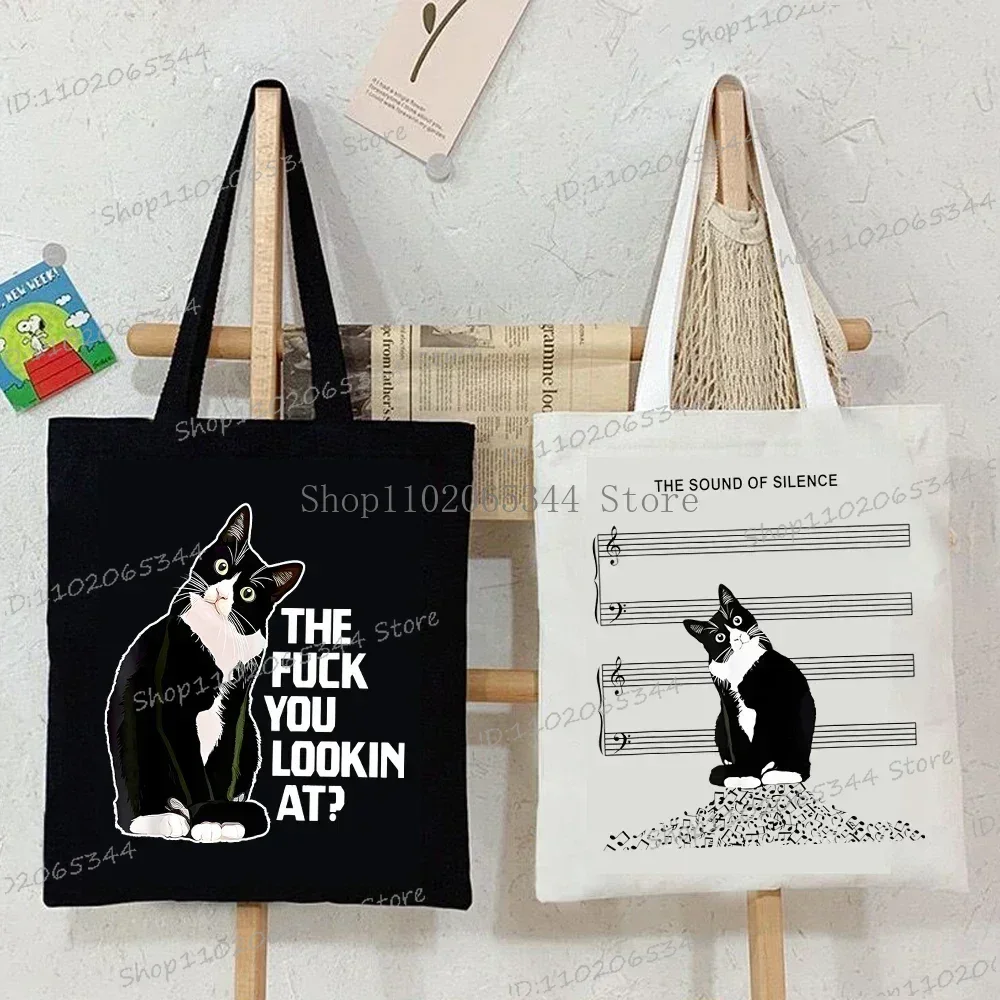 New Cat Series Women Tote Bags Cute Cow Cat Print Canvas Eco Handbag High Capacity Harajuku Fashion Cat Lovers Teen Shoulder Bag