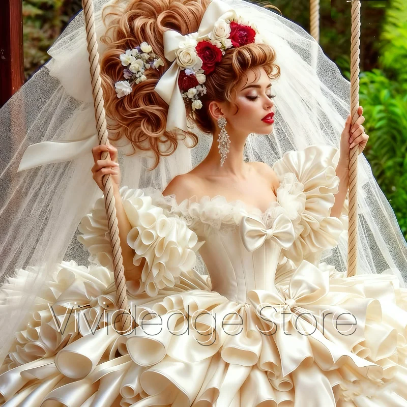 Customized White Cosplay Pure Wedding Dress Off Shoulder Bubble Sleeve Trimmed Ruffled Bow Victorian Bridal Dress
