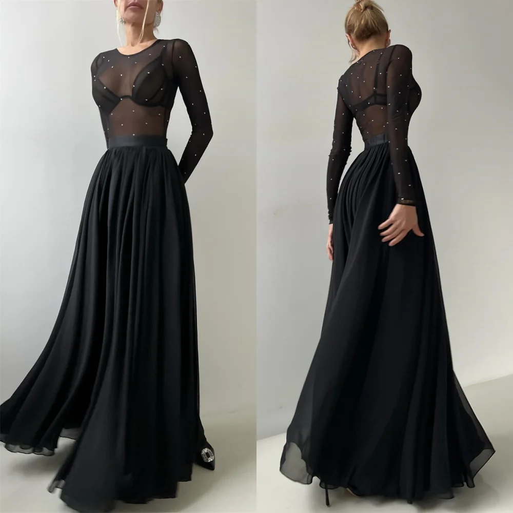 

Customized Modern Black Chiffon Evening Dress Exquisite O-Neck Long Sleeves Homecoming Dresses Formal Special Occasion Gowns