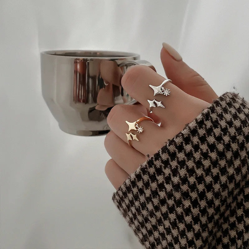 PANJBJ 925 Sterling Silber Vierzackiger Stern Glänzender Zirkon-Ring Hochwertiger Personalisierter Verstellbarer Schmuck – Detail 33