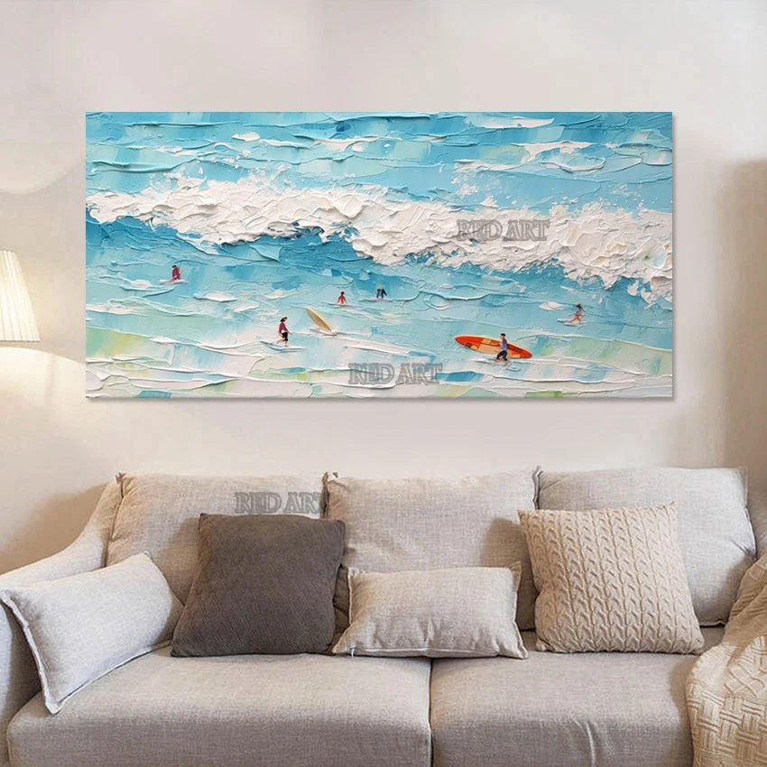 Living Room Decorative Item 3D Thickness Knife Texture Acrylic Sea Wave Oil Painting Art Modern Murals Artwork Large Size Canvas