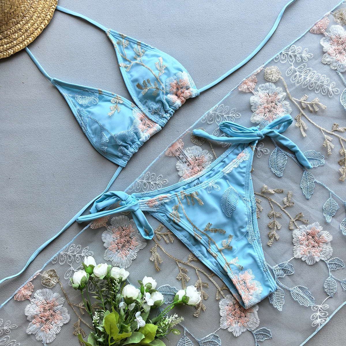 

3 Pieces Embroidered Bikini 2025 Sexy Women Swimsuit Swimwear Female Bikini Set Beachwear Bathing Suit Swimming Suit Cover Ups