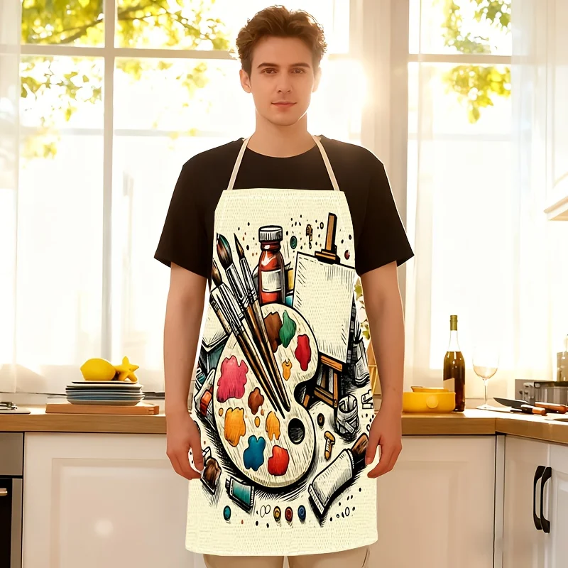 1pc Artist Apron with Paint Palette Brush Print for Men Women Kitchen Cooking Baking Art Studio Craft Workshop Gift