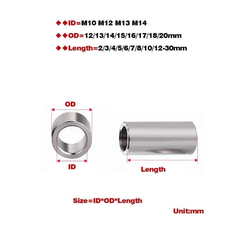 304 Stainless Steel Hollow Sleeve Bearing Bushing Washer Unthreaded Round Standoff Spacer Sleeve M10 M12 M13 M14
