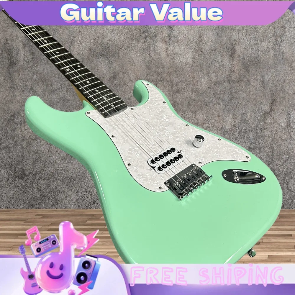 Lake Green Electric Guitar Mahogany Body White Pearloid Pickguard Minimalist Design Rosewood Fingerboard Dot Position Markers