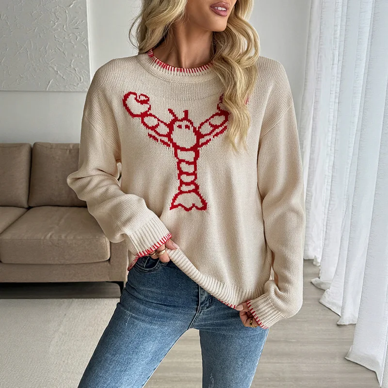

Autumn Winter Women's Knitted Top With Animal Pattern Round Neck Pullover Sweater For Women Damen Pullover Бордовый Свитер