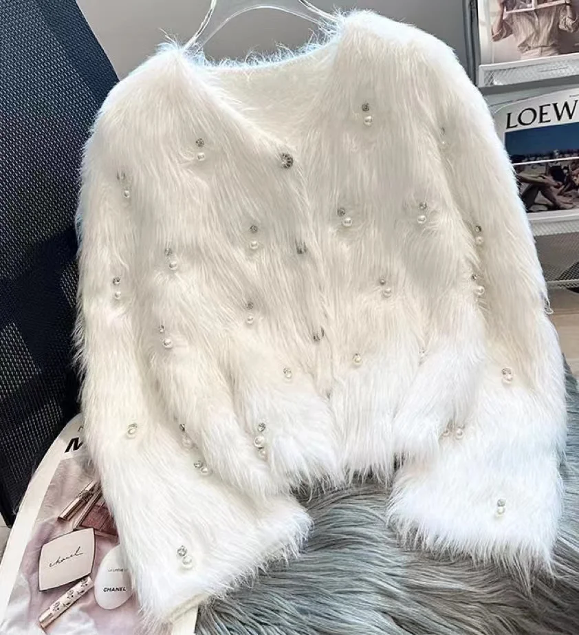 New In Autumn Diamonds Pearls Stitch Faux Fur Knitwear Coat Women\'s Imitation Mink Fleece Buttons Up Knitted Cardigan Sweater