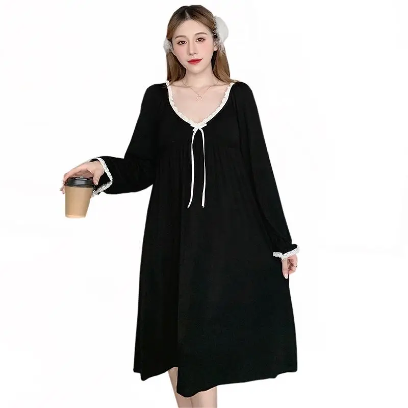 Plus Size 5XL 150kg Pijamas Set for Women Solid Color Sleepwear Female Autumn Long Sleeve Night grown O Neck Long Night dress