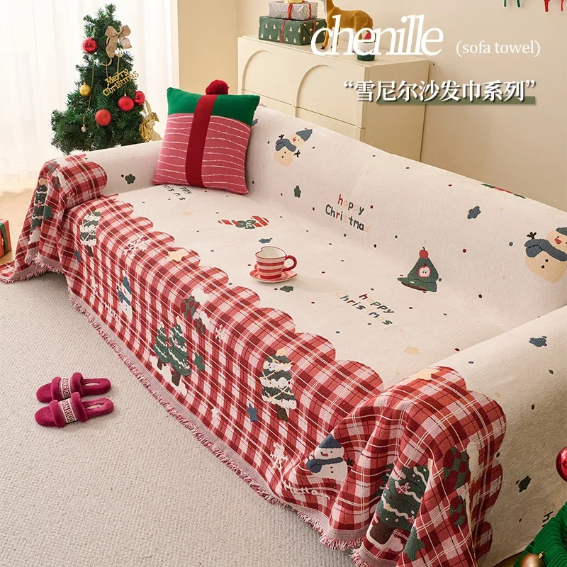 Christmas Chenille Sofa Blanket Santa Deer Printed Sofa Towel Universal Full Cover Dust-proof Anti-scratch L Couch Slipcover