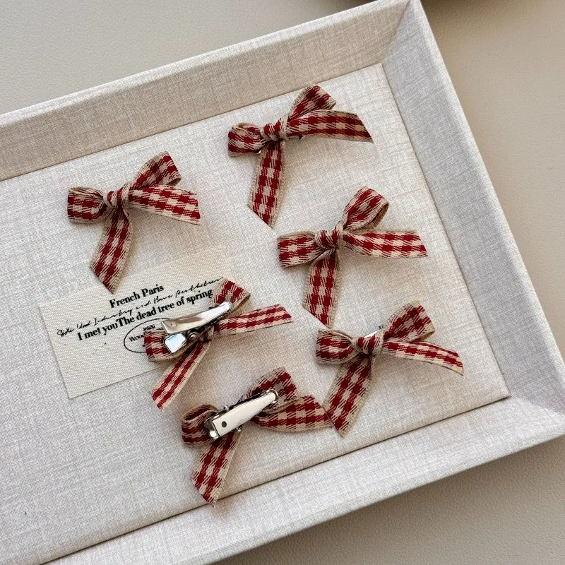 

Autumn and Winter Hong Kong Style Retro Wine Red Small Checkered Bow Side Hair Clip Sweet Girl Mini Hair Clip Bangs Clip