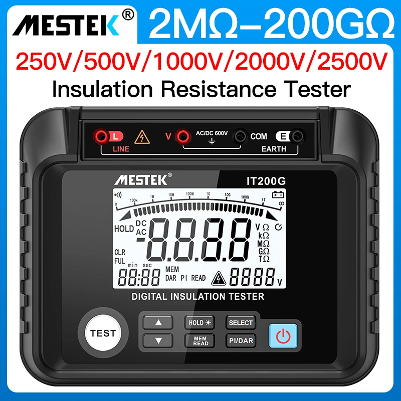 MESTEK Insulation Resistance Tester 1000V 20GΩ LCD Display Digital Megohmmeter AC/DC Voltage Data Store Ratio DAR 200GΩ 2500V