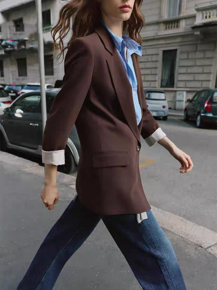 Novo outono 2025 feminino impresso terno jaet com almofadas de ombro casual sle longo sve gola plana único botão fechamento