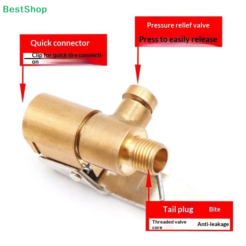 Heavy Duty Brass Air Chuck Adapter With Pressure Relief Valve Lock Clip For Car Bike Tire Inflation