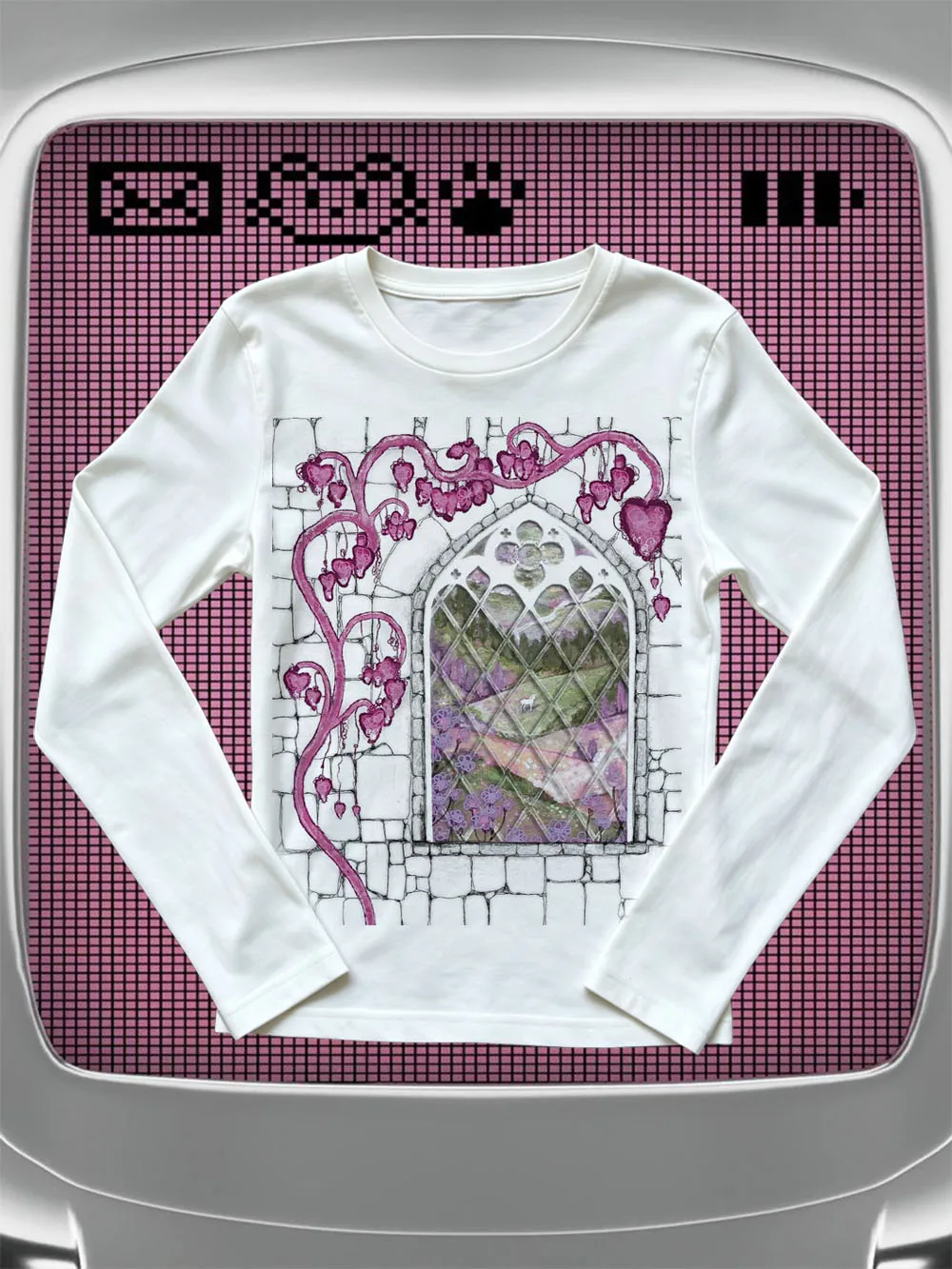 Women Anime Girl Glasses Cat Lace Frame Graphic Long Sleeve Top Japanese Manga Print Y2K Soft Goth Harajuku Slim White Cropped S