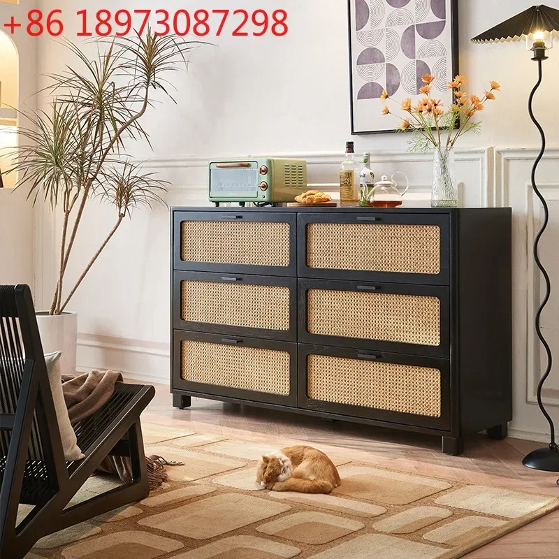 

Ash wood rattan chest French minimalist black bedroom solid wood home drawer locker