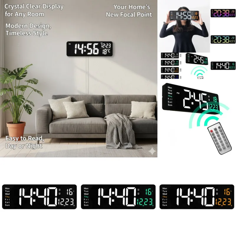 

16 Inch LED Wall Clock Large Digital Display Nordic Style Clock, Multifunction Silent Hanging Clock For Living Room Home New
