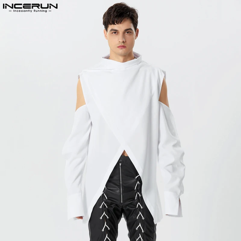 Men Irregular Shirt Solid Turtleneck Long Sleeve Off Shoulder Men Clothing Streetwear 2023 Fashion Casual Camisas INCERUN S-5XL