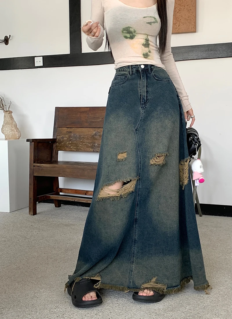 S-XL A Line Long Denim Skirt 2023 High Waist Vintage Tassel Hole Midi Jeans Skirts Women Ripped Long Jeans Skirts Style(L9018