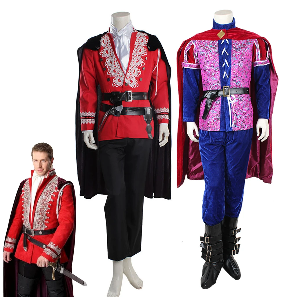 

TV Once Upon a Time Cosplay Costume Charming Prince David Nolan Cosplay Outfit Full Set Mens Medieval Red Suit Halloween Costume
