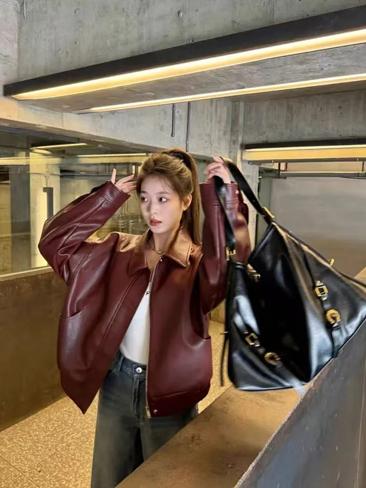 Retro Angolan Red Jacket for Women Y2K Loose Streetwear Pu Leather Retro Motorcycle Coats Harajuku All Match Zipper Outerwear