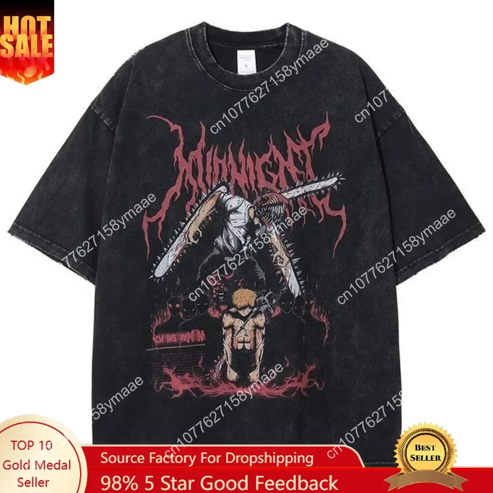 

Vintage Washed Graphic T-Shirts Short-Sleeved Mens Tee Shirt Loose High Street Unisex Tees Y2K Fashion Chainsaw Man Clothing 8