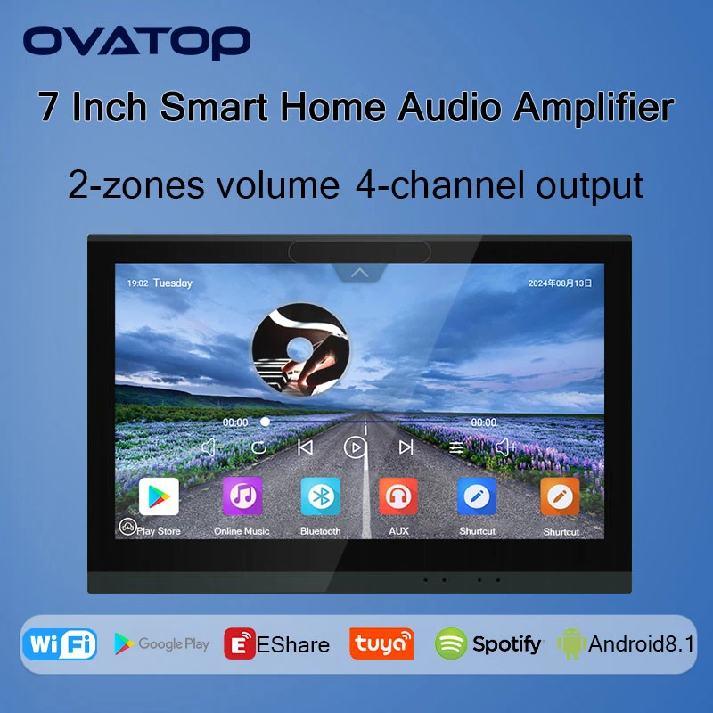 7Inch Touch screen home buletooths audio wall amplifier android TUYA smart control panel 2 zone volume music player sound system