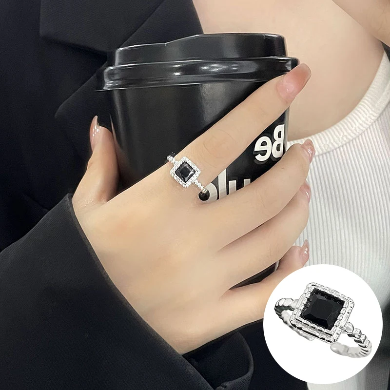 

100% 925 Sterling Silver Zircon Geometric Open Ring for Women Girl Simple Black Square Design Jewelry Party Gift Dropshipping
