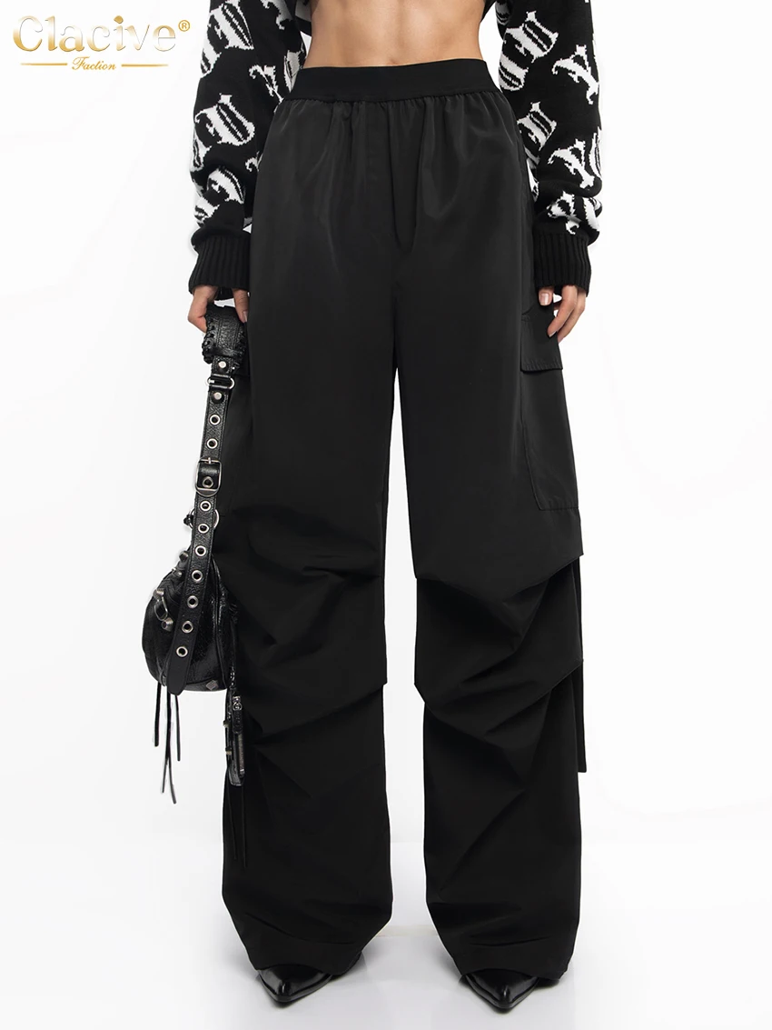 Clacive Fashion Loose Black Cargo Pants Women Elegant Elastic Waist Full Length Pants Casual Straight Trousers Female Clothing