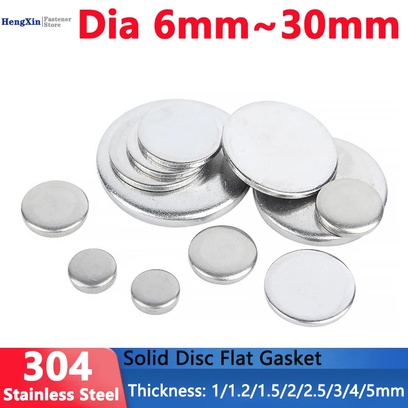5-150pcs Dia 6mm-30mm Solid 304 Stainless Steel Disc Flat Gasket Metal Plate Round Sheet Pad Washer without Hole Thickness 1-5mm