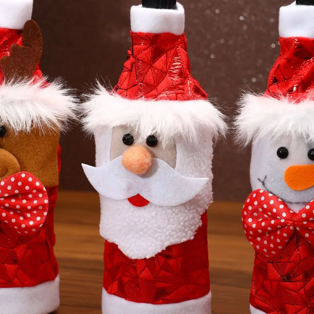 2pcs Cartoon Christmas Wine Bottle Cover Santa Claus Snowman Elk Cute Red Wine Bottle Cover Reusable Exquisite