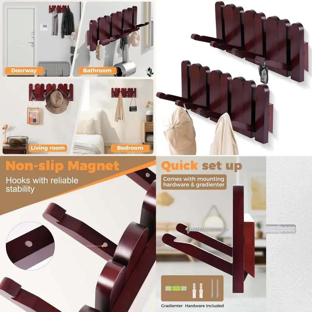 

Handcrafted Solid Wood Wall Coat Rack with 4 Hooks for Entryway, Ideal for Coats, Towels, and Keys - Space-Saving Design (2-Pack