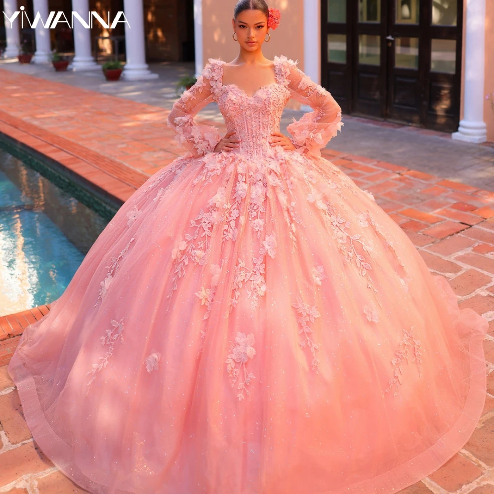 Pink Appliques 3D Flower Ball Gown, Quinceanera Prom Dresses, Romântico Sweetheart Neck, Princess Long Sweet 16 Dress