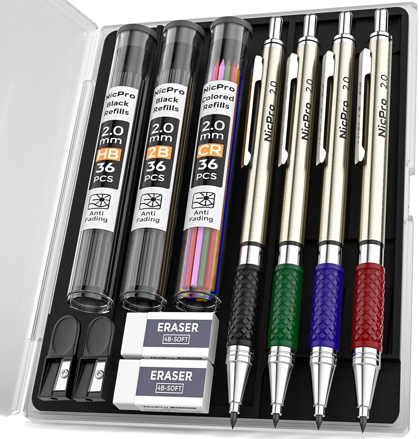 

4-Piece 2.0mm Mechanical Pencil Set with 108 Refills, Erasers & Sharpeners for Drawing Sketching Drafting
