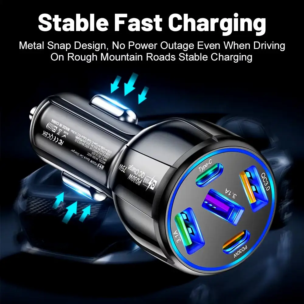 75W Universal Fast Car Charger - 5-in-1 Line Charger With 3USB+2PD Ports Universal Socket Adapter For Cars SUVs Trucks