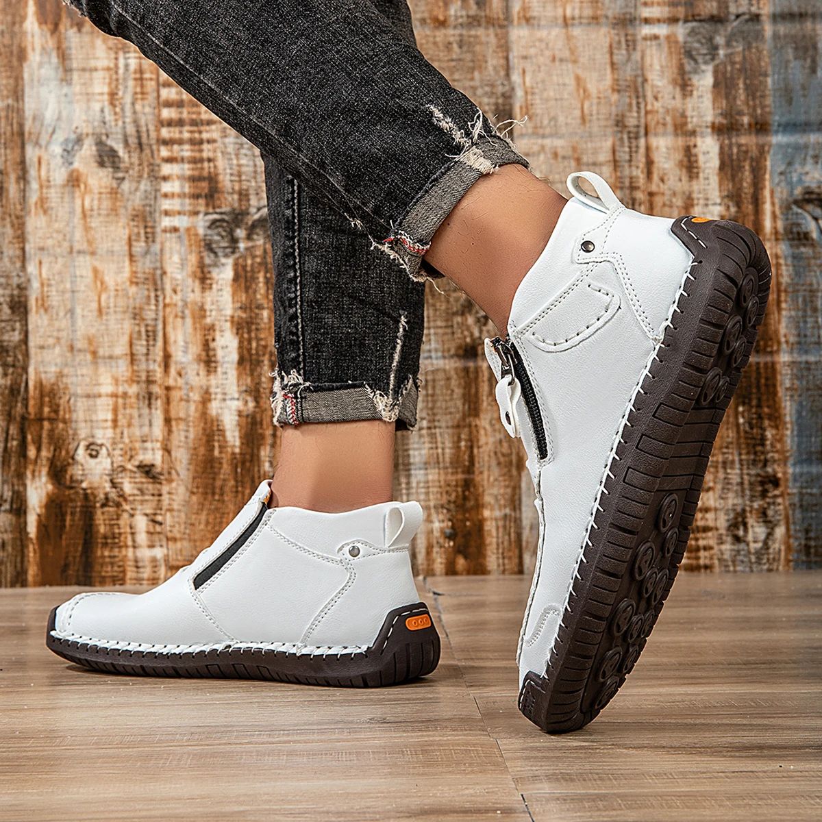 New Classic Handmade Leather Men's Shoes with Zipper Design Outdoor Sneakers Casual Flat Shoes Men Work Shoes Ankle Boots image 4