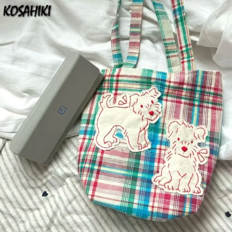 

Japanese Kawaii Cute Dog Print Sweet Plaid Canvas Bag Y2k Contrast Color Harajuku Women Underarm Bag All Match Shoulder Handbags