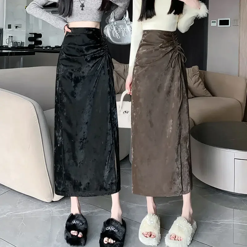 2024 Half Skirt Autumn Winter High Waist Folded Long Skirt Chinese New Irregular Medium Length PU Leather Skirt