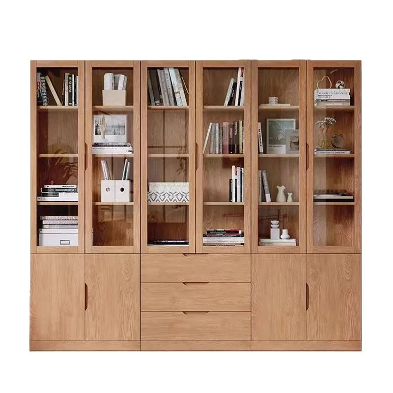 

Customizable Solid Wood Oak Bookcase with Glass Bookshelf Display Cabinet Floor Shelf Modern Simple Office File Cabinet