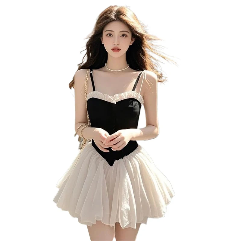 

Women Dresses Splicing Mesh Short Dress 2026 Summer New Low Neck Dress
