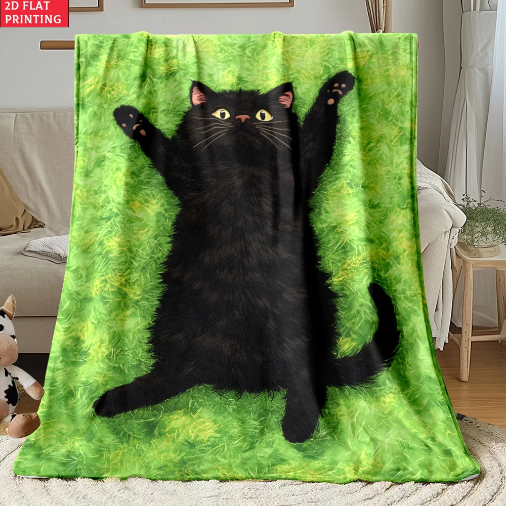 Aesthetic Cartoon Chubby Black Cat Grass Art Flannel Blanket, Lightweight Warm Throw Blanket Bedroom Sofa Camping Daily Use Gift