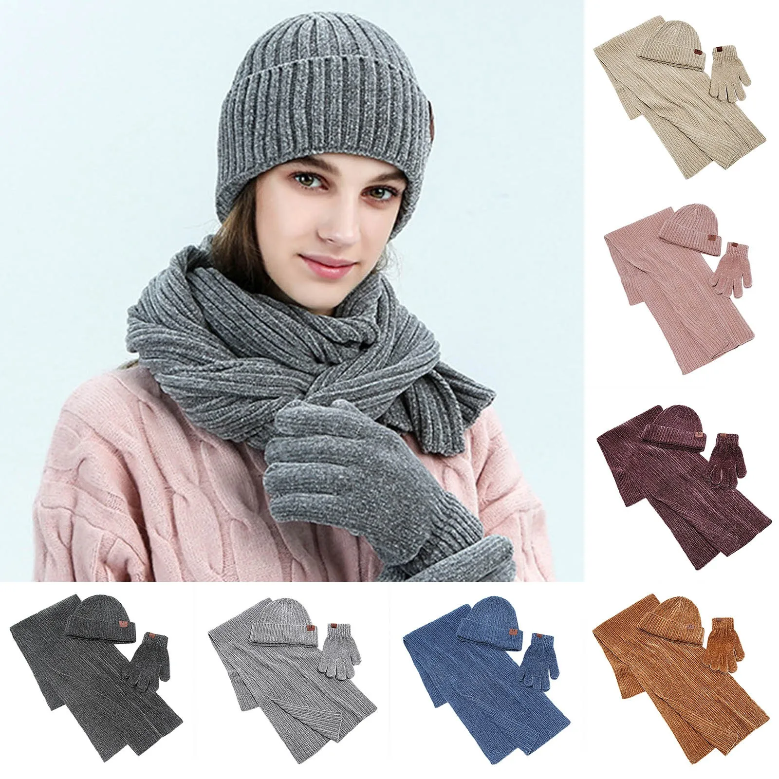 

Winter Set Hat Scarves Touch Gloves 3pcs Warm Men Women Fashion Thickening Plus Wool Neck Protect Cap Outdoor Riding