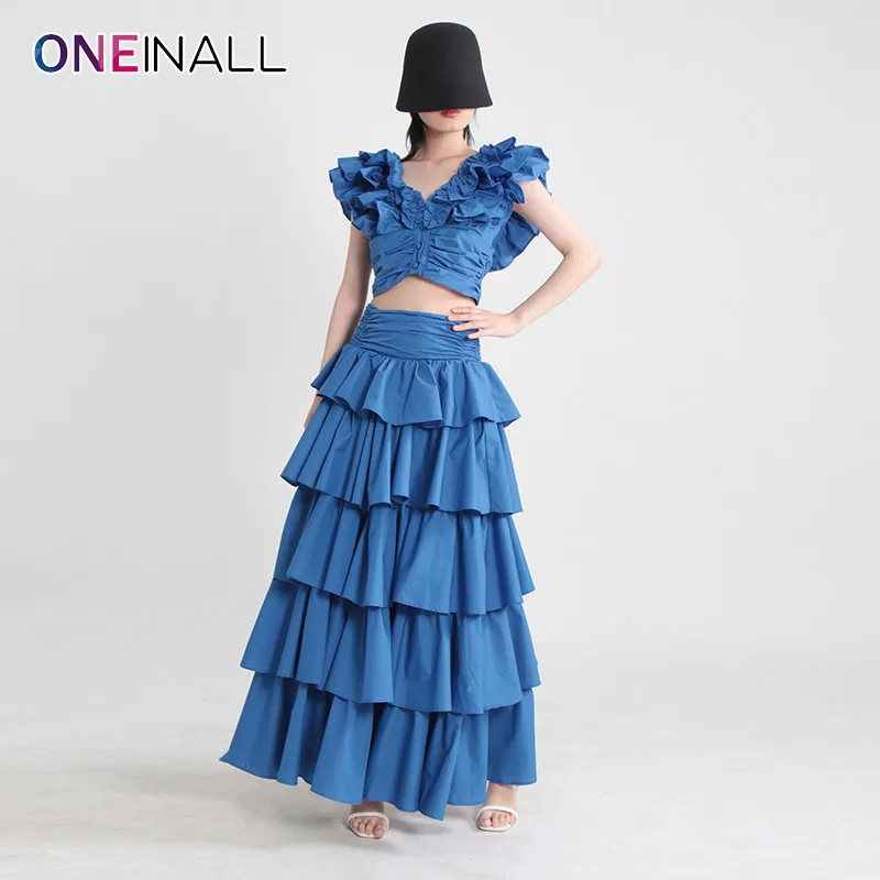 

ONEINALL Spliced Ruffles Two Piece Sets For Women V Neck Sleeveless Tops High Waist Loose Long Skirt Summer Solid Set Female New