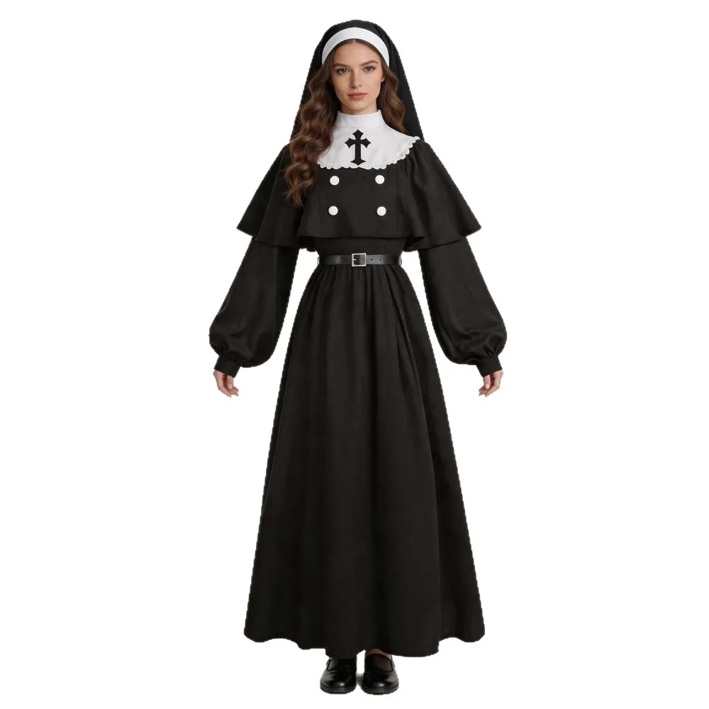 Klassisches Nonnen-Cosplay-Kostüm für Damen, Kirchen-Thema, Ballonärmel, Spitzenkragen, Umhang, Schleier, Kleidung für Halloween, Karneval, Faschingskostüm – Detail 2