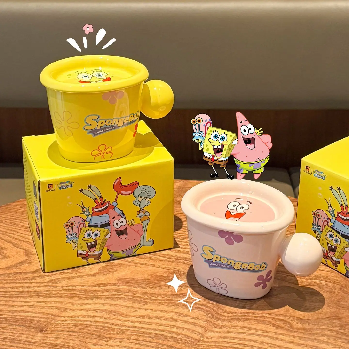 Anime SpongeBob Ceramic Mug 3D Handle Coffee Cup Cute Cartoon Water Cup Lovely Couple Drinking Mug Birthday Gift for Girls