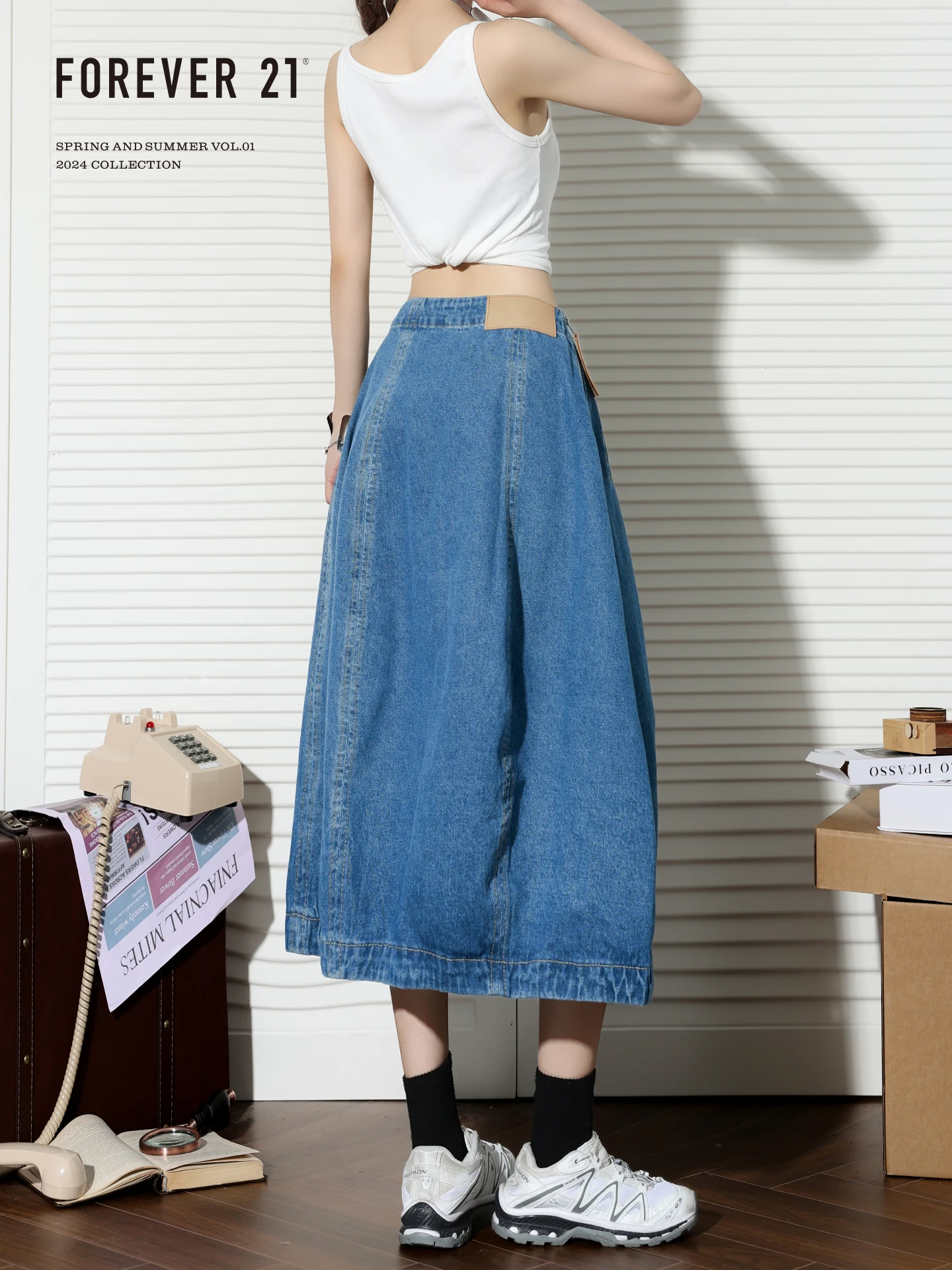 Forever21 American Design Sense Denim Bloom Long Skirt Women Summer New Retro Blue A-Line High Waist Half Skirt Casual Style