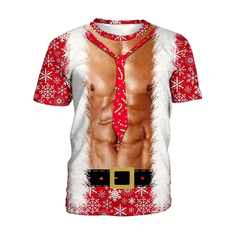 Ugly Christmas Muscle 3D Printed T-shirt Men Casual Santa Claus Graphic Round Neck Tee Shirt Holiday Cosplay Oversized T Shirts