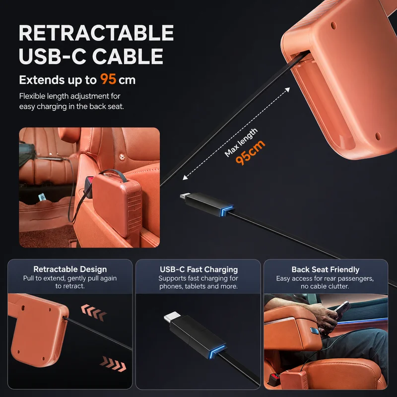 For AITO M8 M9 2024 2025 Rear Seat Car Charger Retractable Type-C USB C Cable Dock Hub Fast Charging Port Outlet PD