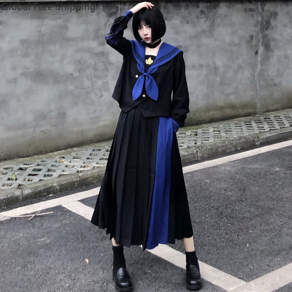 

Japanese Style Jk Uniform Embroidered Long Skirt Cosplay Delinquent Outfit Bad Girl Sailor Suit High School Graduation Dress