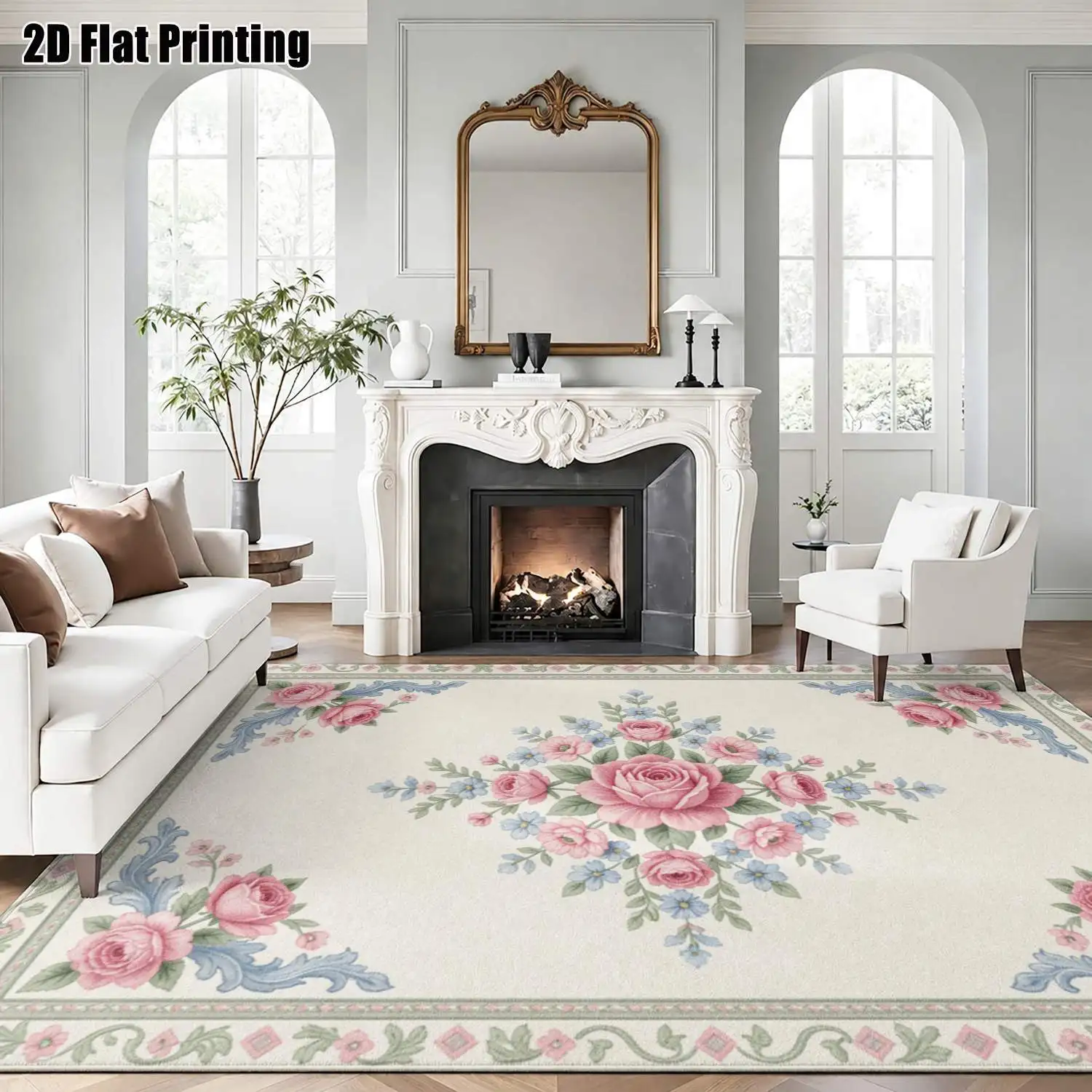 1Pc 2D Printed Pink Blue Rose Floral Carpet, Retro European Style, Home Decor, Multi-Size, Machine Washable, Multi-Scene Use