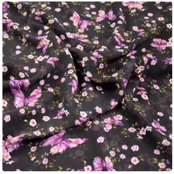 Black Bottom Purple Butterfly Flower Print Chiffon Fabric, Dress, Shirt, Handmade Sewing Tissue, Soft, Not Transparet, T2226